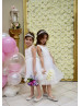 Beaded White Lace Tulle Flower Girl Dress With Horsehair Bands